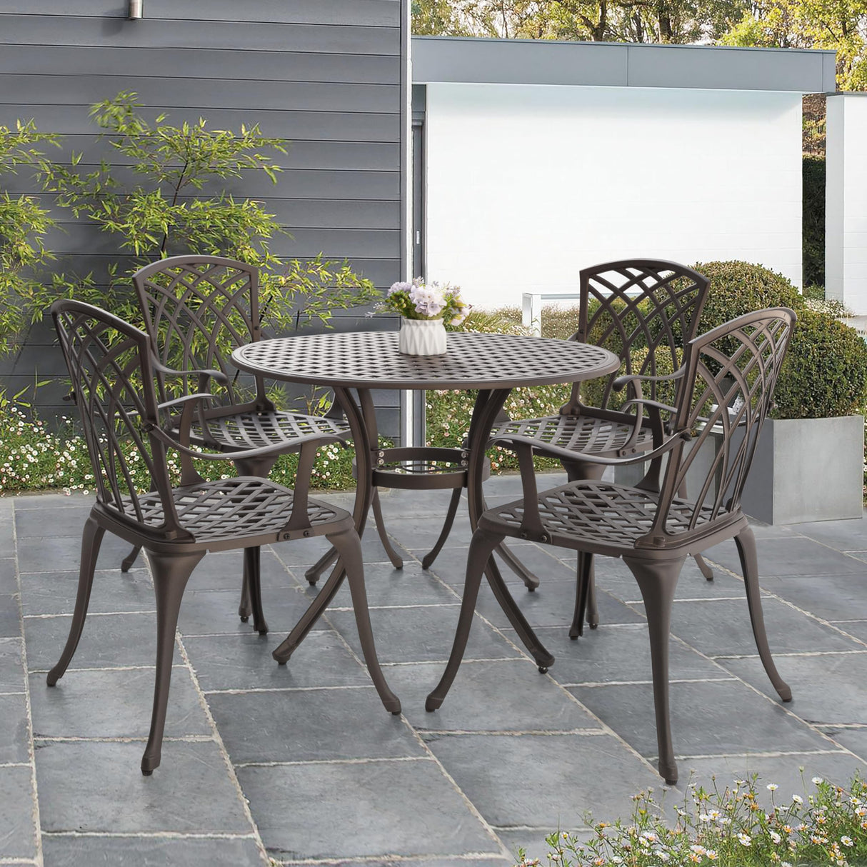 NUU GARDEN 5 Piece Outdoor Patio Dining Set, All-Weather Round Cast Aluminum Dining Table with 1.97" Umbrella Hole and Outdoor Patio Dining Chairs for Patio, Garden, Backyard, Balcony, Bronze NUU GARDEN