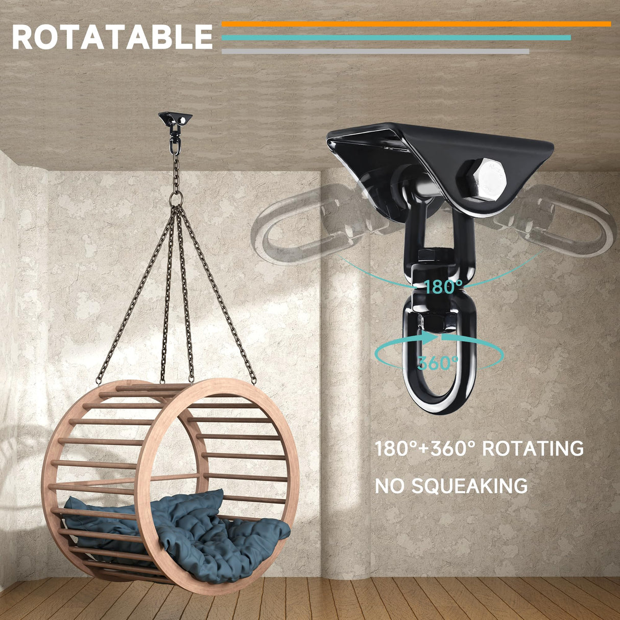 360°Rotating Hammock Hanging Kit, Heavy Duty 1200 lb Capacity Stainless Steel Hanging Swing Hooks, 1 Pack Swing Hanger for Yoga, Hammock Chair, Sandbag, Swing Sets(Black SKYPHAROS