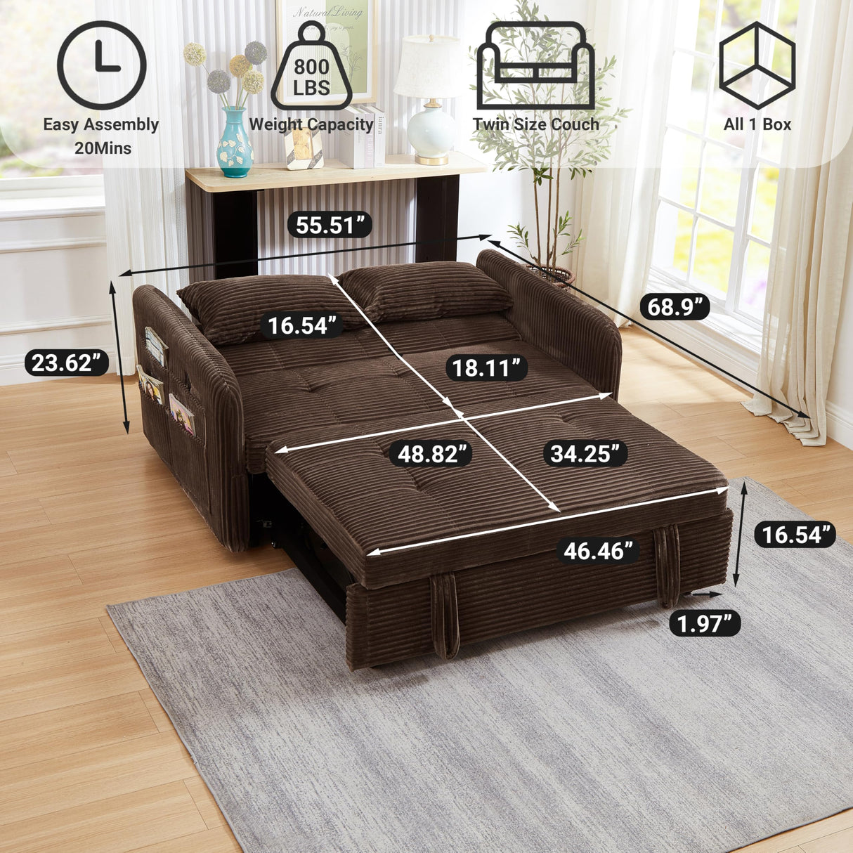 N NOORDENIYA 55.5" Corduroy Convertible Sofa Bed, Pull Out Sleeper Sofa Bed, Loveseat Couch with USB Charging Ports, 3 in 1 Convertible Sleeper Sofa Bed for Living Room, Apartment, Bedroom, RV, Brown N NOORDENIYA