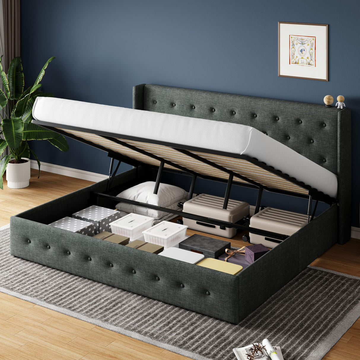 HOOMIC King Size Hydraulic Lift Up Storage Bed with Wingback Headboard in Dark Grey HOOMIC