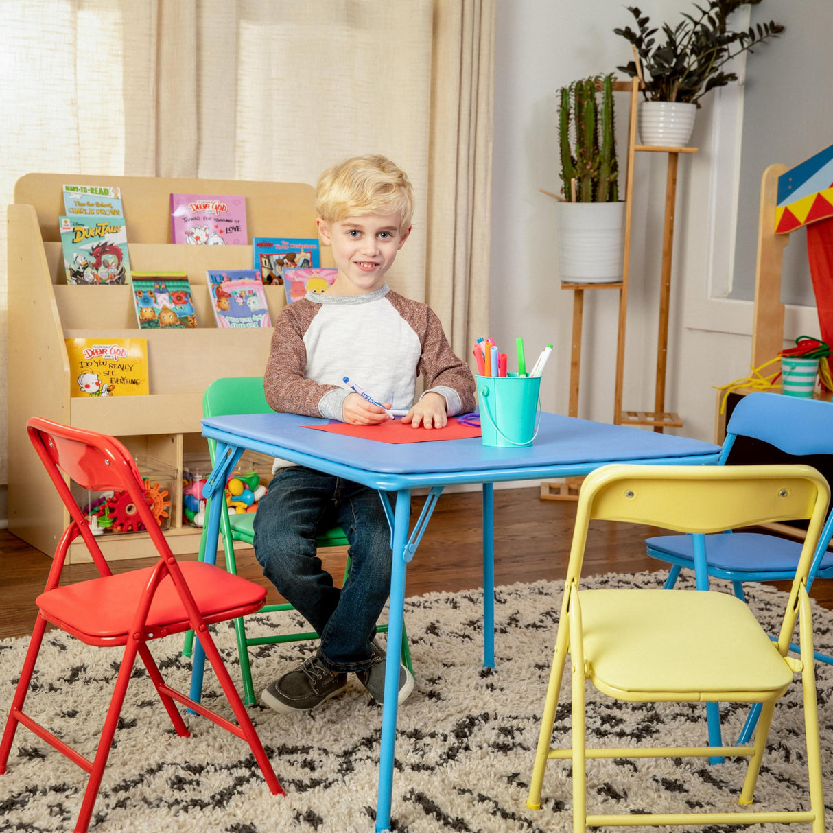 Flash Furniture Mindy Kids 5-Piece set Folding Square Table and Chairs Set for Daycare and Classrooms, Children's Activity Table and Chairs Set, Multicolor Flash Furniture