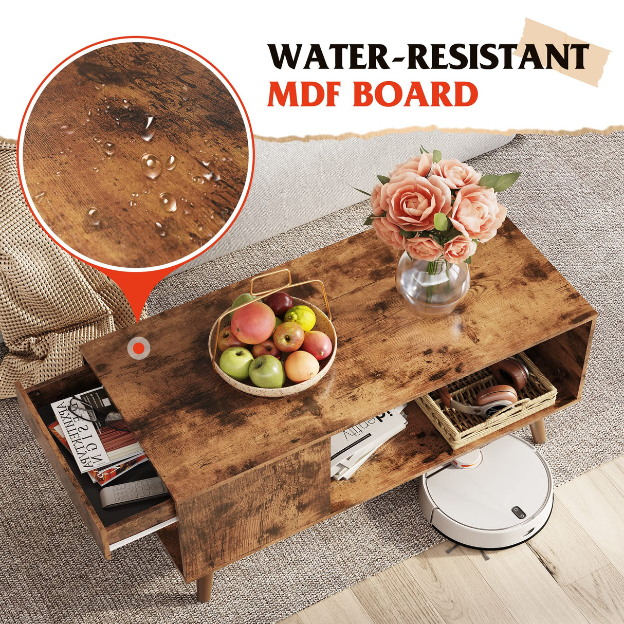 WLIVE Coffee Table for Living Room,Wood Coffee Table with Storage,Mid-Century Modern Coffee Table with Drawer,Living Room Table for Home Office,Rustic Brown WLIVE