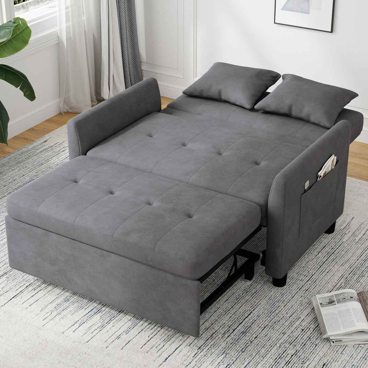 AYEASY Sleeper Sofa Bed, 3 in 1 Convertible Sleeper Couch Bed Pull Out, Small Loveseat Sofa, Futon Sofa Bed Full Size, 46" Velvet Love Seat with Pillow and Phone Holder for Living Room, Grey AYEASY