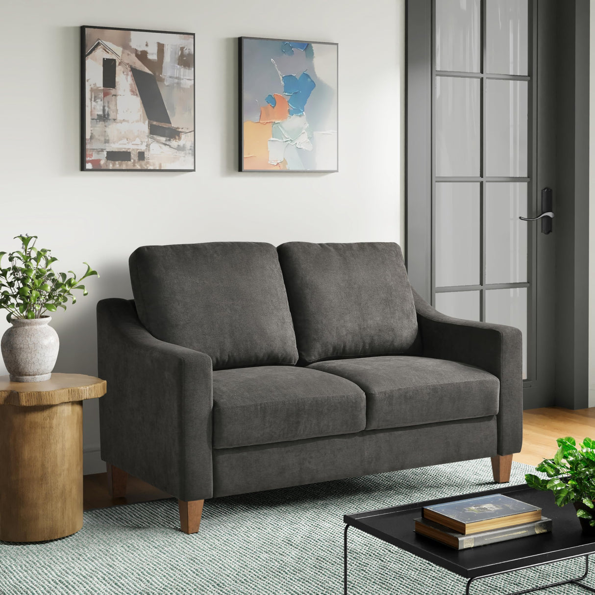 Serta® Armstrong 52" Soft Modern Sofa, Sloped Track Arms, Solid Wood Legs, Easy Assembly, Dream Coil® Comfort, Soft Woven Polyester Fabric, Gray Serta