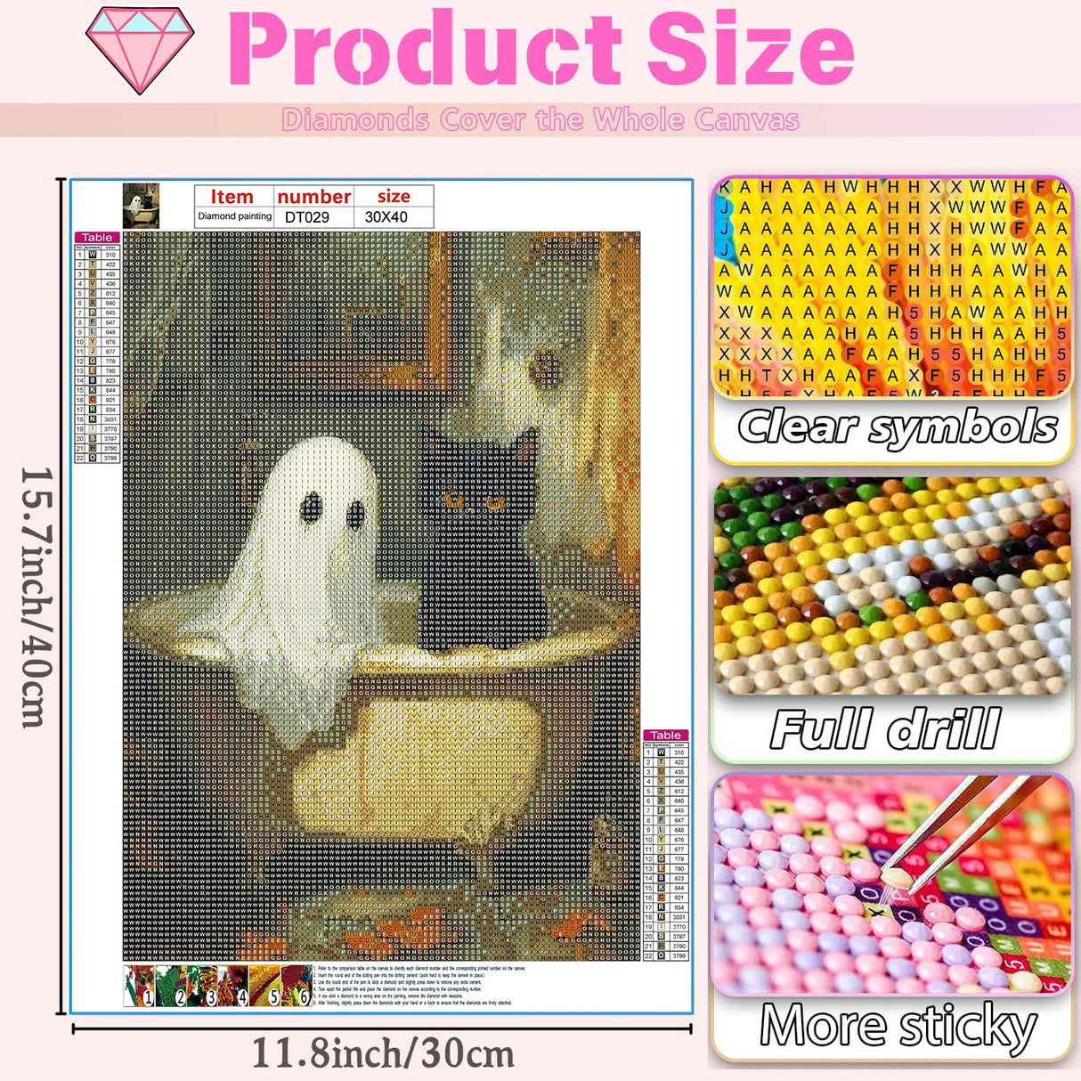 DAZZLEDOTS Halloween Diamond Art Kits for Adults, Ghost Black Cat Diamond Painting Kits for Beginner, DIY Gem Art and Craft Paint by Diamonds Home Wall Decor 12X16Inch DAZZLEDOTS