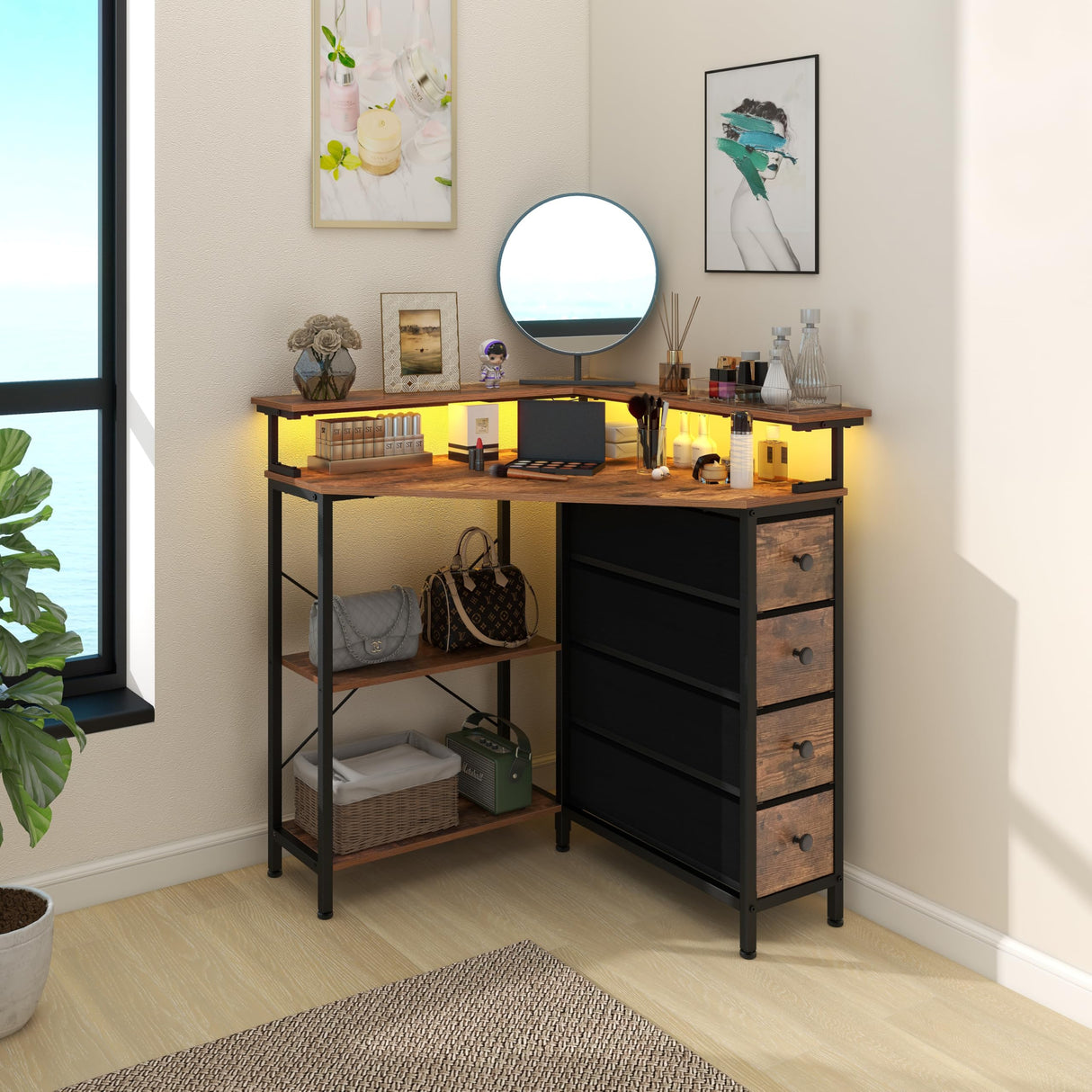 VENNQD Corner Desk with Drawers Shelves for Small Space 90 Degrees Triangle Computer Desk with Power Outlets,Gaming Desk with LED Lights Monitor Stand for Home Office Workstation Writing Table (Brown) VENNQD