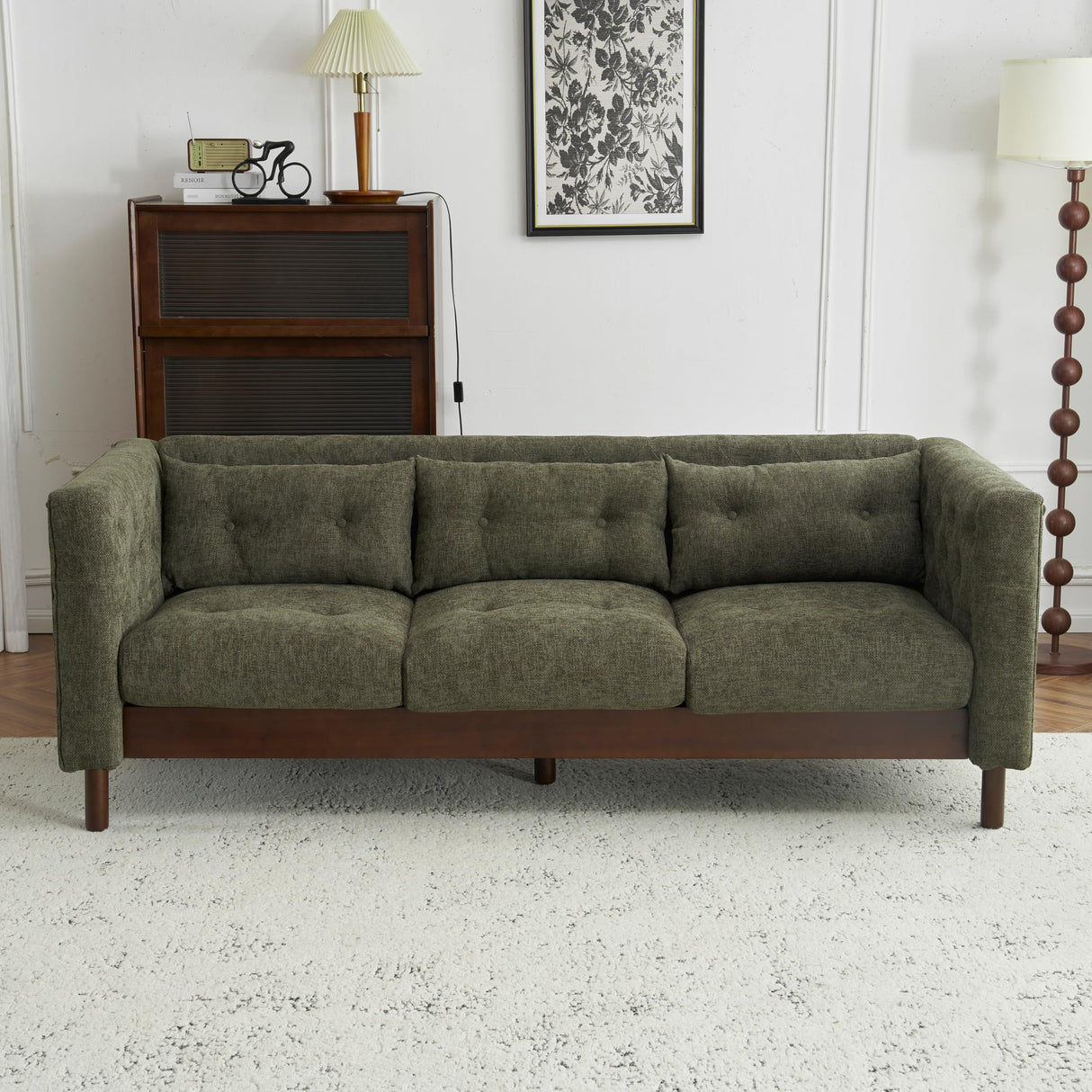 Christopher Knight Home Marloo 3 Seater Sofa Couch, Upholstered Couch, Linen-Like Tufted Back Sofa with Arm Rest, Rubberwood Legs, 78" Spacious Seating for Living Room Home Rest, Dark Green Christopher Knight Home