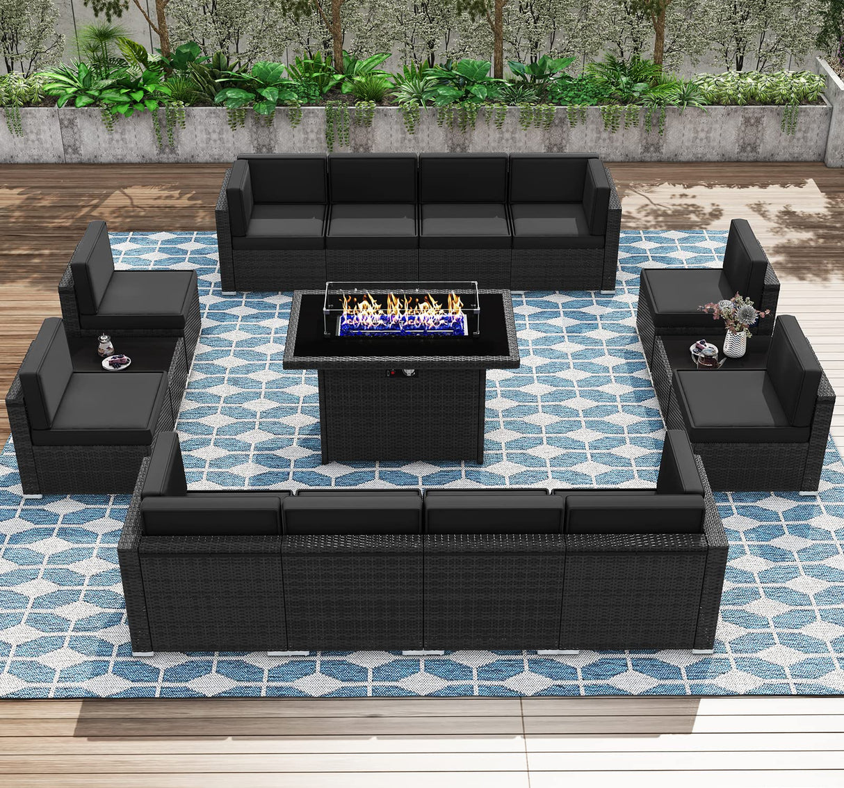KHOLH 15 Pieces Patio Furniture Conversation Sofa Set with 44" Propane Gas Fire Pit Table, Outdoor Sectional Black Rattan Wicker Sofa Set KHOLH