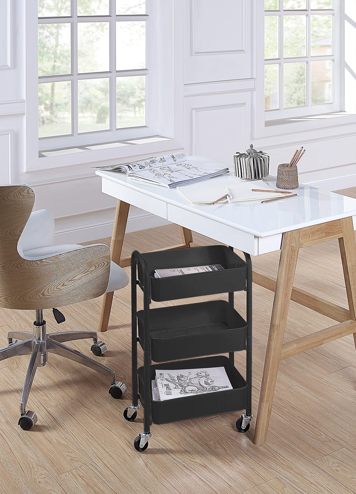 SunnyPoint 3-Tier Delicate Compact Rolling Metal Storage Organizer - Mobile Utility Cart Kitchen/Under Desk Cart with Caster Wheels (BLK, Compact (15.5" X 26.8" X 10.27")) SunnyPoint