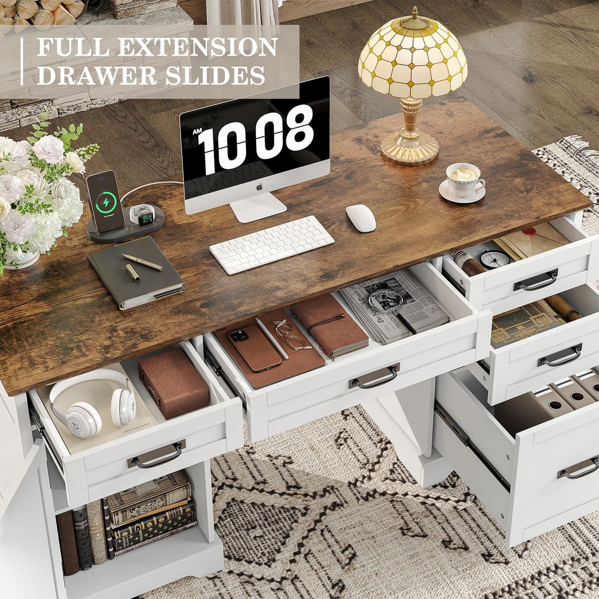 Alohappy 55'' Farmhouse Executive Desk, Home Office Desk with Drawers, Wood Computert Desk with File Cabinet and Power Outlets, White Alohappy