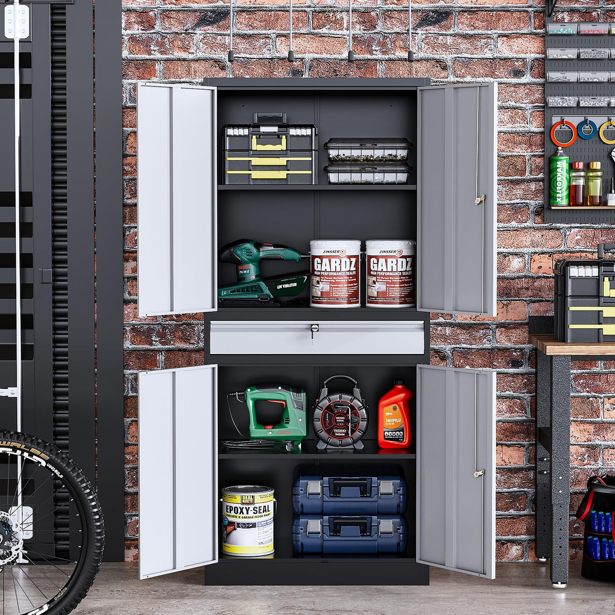 STANI Metal Garage Storage Cabinets with Drawer, 4 Doors Tool Storage Cabinet with 2 Adjustable Shelves, 71"-Lock Steel Locking Cabinet for Garage Utility Room Home Office (Black Grey, 0 Wheel-71 H) STANI
