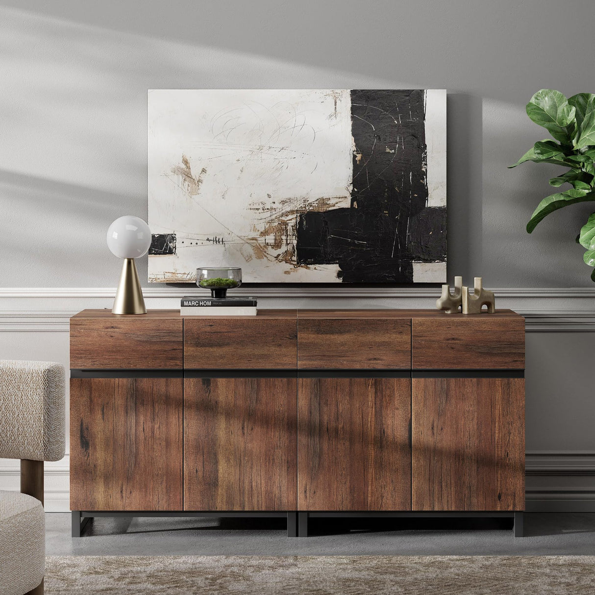 WAMPAT Modern TV Stand for TVs up to 70 inch, 2 in 1 Entertainment Center TV Console with Adjustable Shelves and Metal Base for Living Room,Bedroom,Brown WAMPAT