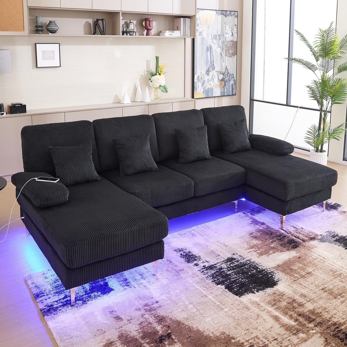 LIFEISLE 104" Sectional Couches for Living Room Modular Sofa with Double Chaise U Shaped Sofa Set with Intelligent Light for Home Furniture, Black LIFEISLE