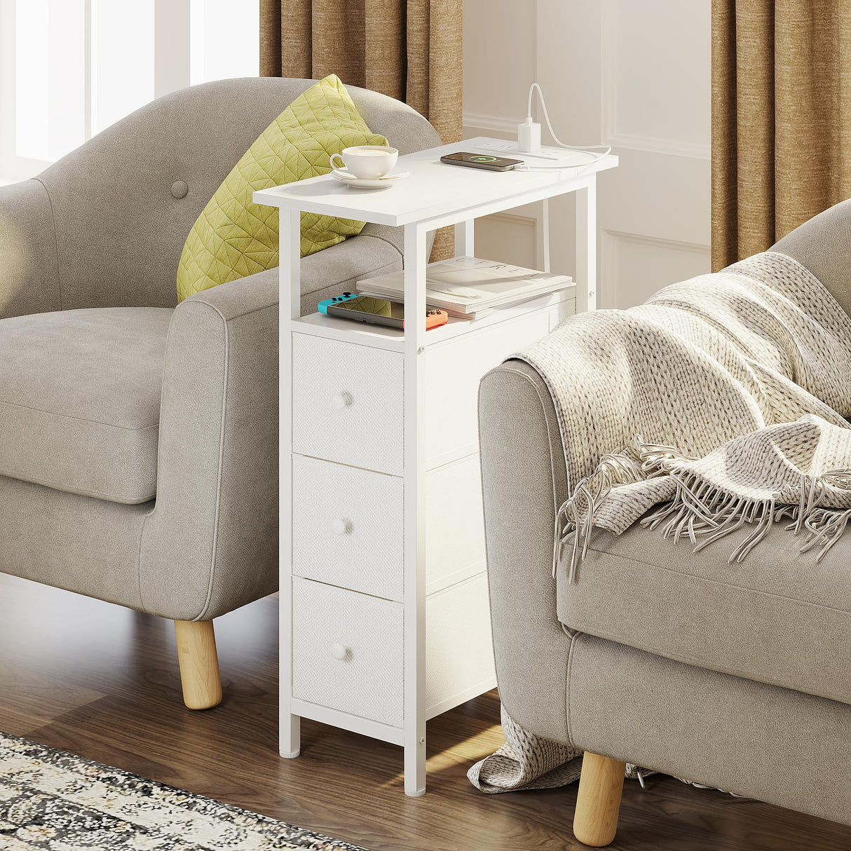 TRIFEBLE End Table with Charging Station, Narrow Side Table with 3 Fabric Drawers, Skinny Nightstand with LED Light, Slim Bedside Table for Bedroom, Living Room, Small Spaces, White TRIFEBLE