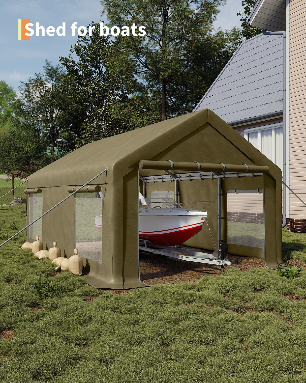 GarveeLife 10x20 Ft Carport, Car Port with 200g PE Tarp, Roll-Up Doors, and 4 Windows, for Sedans, Bass Boats, Motos, ATVs, and SUVs, Khaki GarveeLife