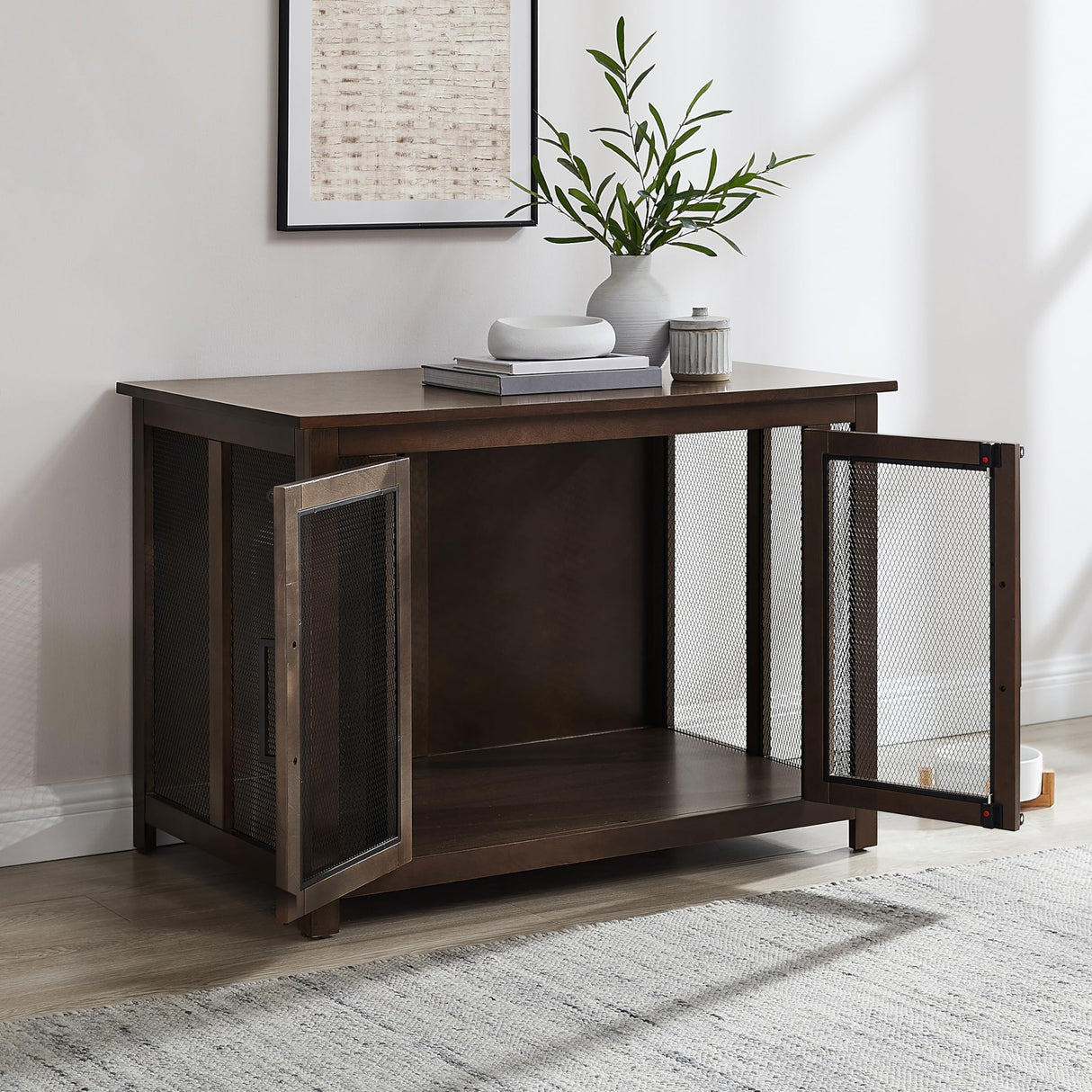 Crosley Furniture Dane Credenza Console Table Dog Crate Kennel for Pets, Brown Crosley Furniture