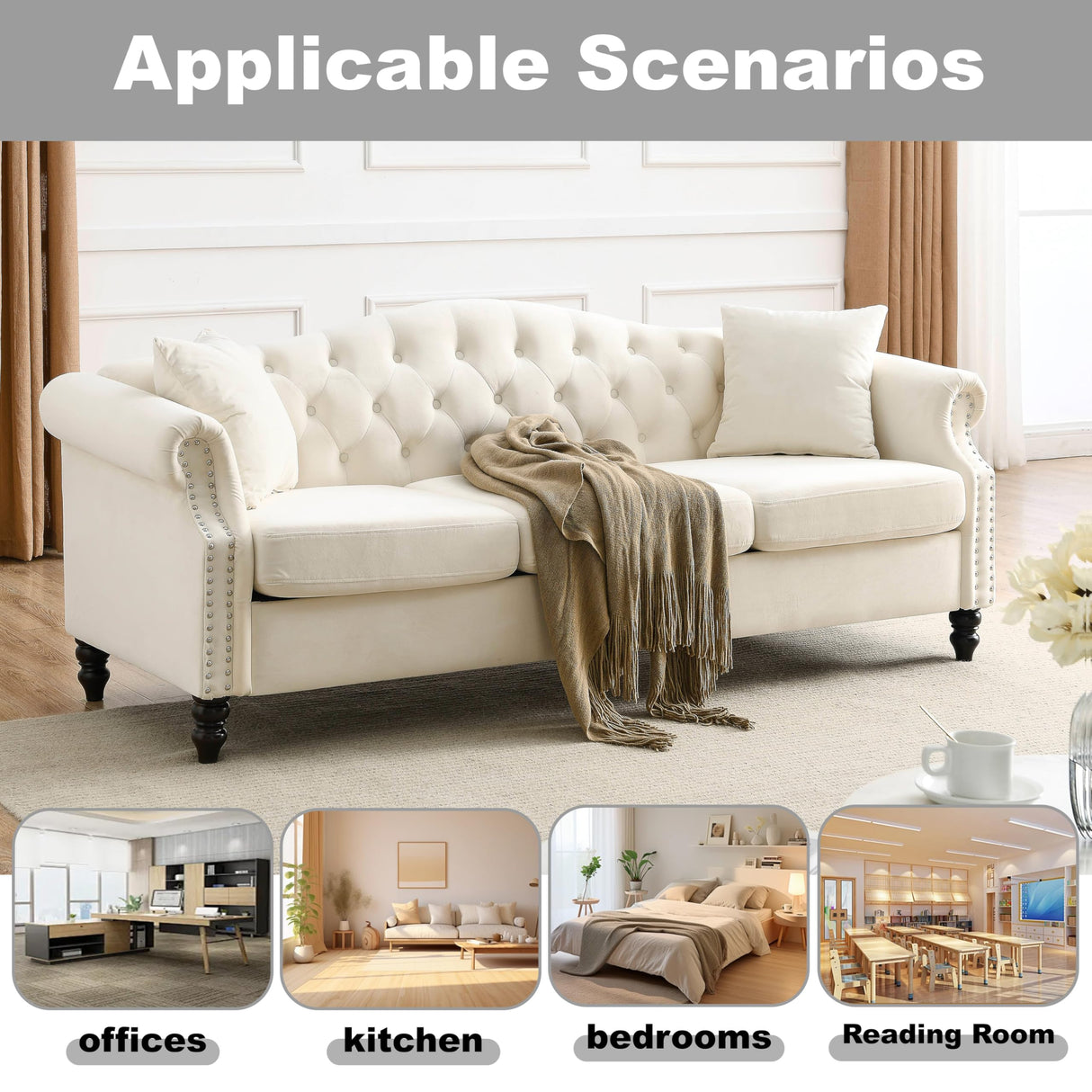 amervanito 2 Piece Modern Beige Velvet 79" 3-Seater Sofa Sets, Chesterfield Button Tufted Nailhead Combination Couch with 4 Pillows, Trimming Curved Backrest & Rolled Arm Sofa for Living Room amervanito