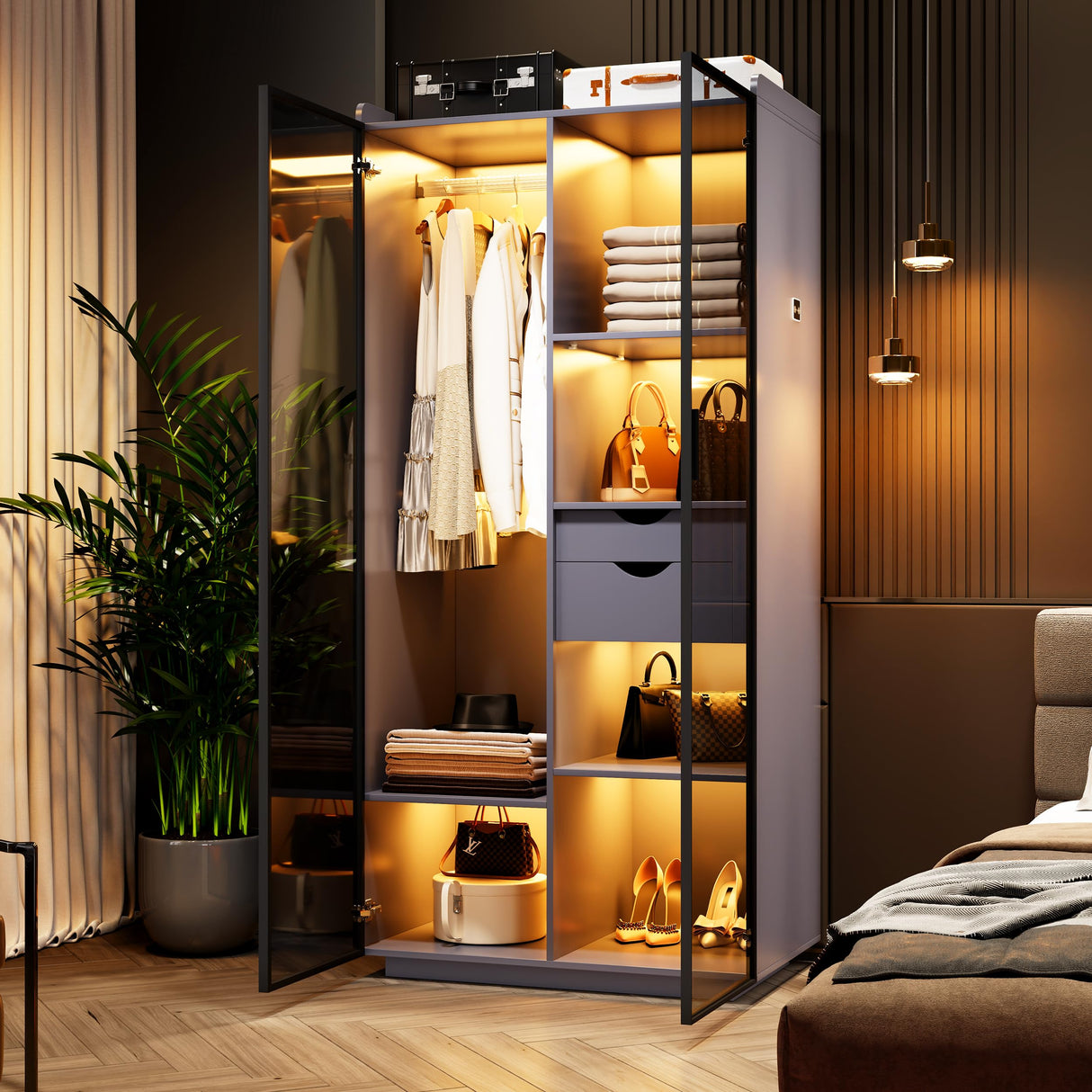 Wardrobe-Storage Cabinet With Human Sensor Design - Side Cabinet with LED Lighting - Organizer Armoire have 2 Drawers&6 Shelfs - Wardrobe With 2 Acrylic Door - Closet for Bedroom Furniture-Grey FREDEES
