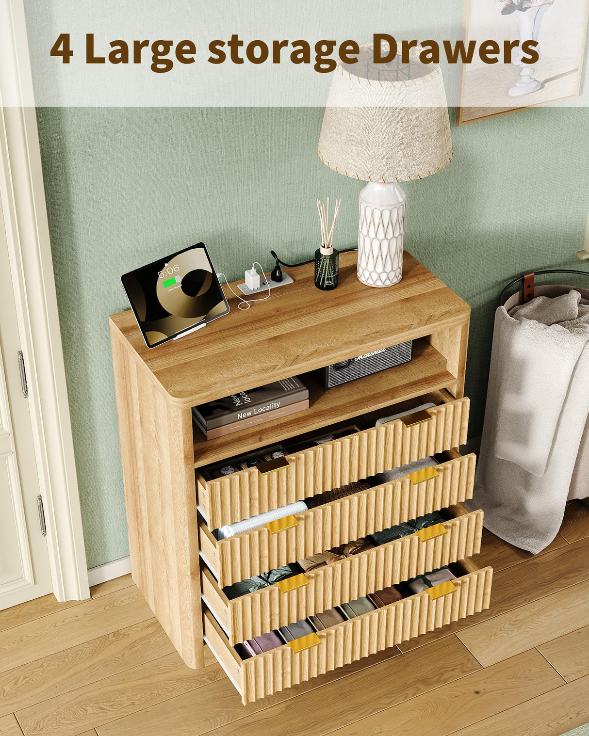 FUSOU Fluted Night Stand for Bedroom, Storage Organizer with 4 Drawers, Chest of Drawers with LED Light & Charging Station, Modern Farmhouse Dresser for Bedroom, Living Room, Hallway, Natural Oak FUSOU