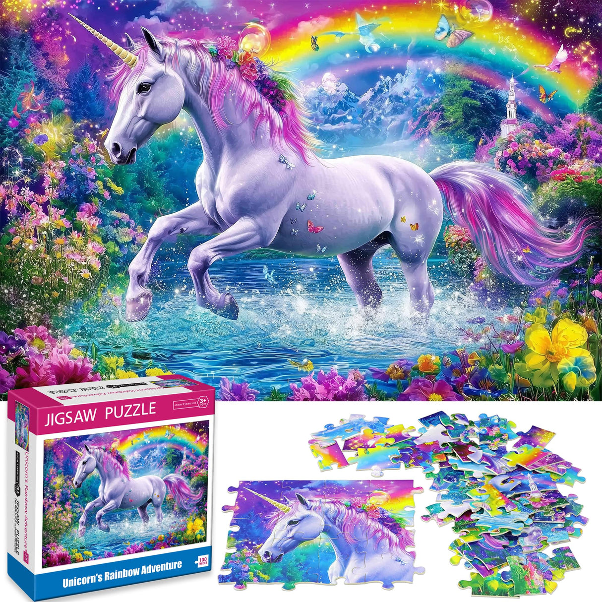 100 Piece Puzzles for Kids Ages 4-6 6-8 Unicorn Rainbow Jigsaw Puzzles Kids Puzzles Ages 5-8 100 Piece Puzzle for Adults Kids Learning Educational Toys Gifts for Girls Boys Sopu