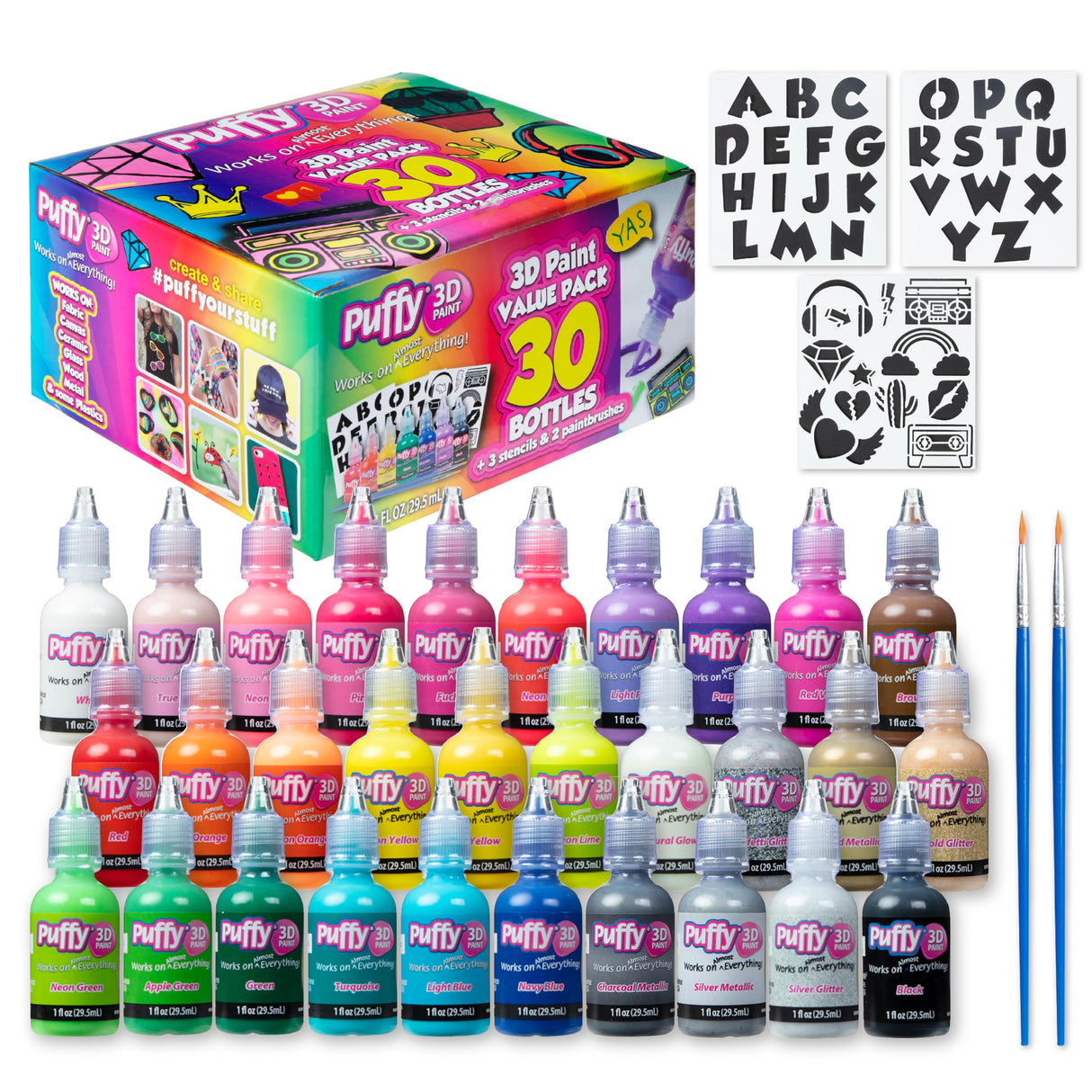 Puffy Bulk Buy Paint 30 pack Premium Quality Nontoxic 3D Paint Set. Safe for Kids, Great for School Projects, Permanent on Fabric, Canvas, Wood, Glass, and More Craft Surfaces Puffy
