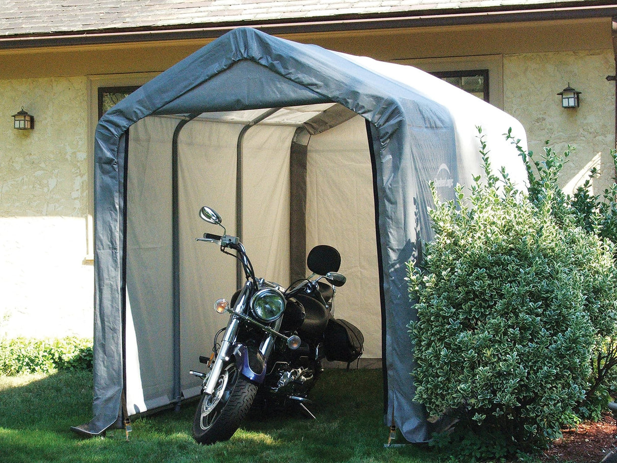 ShelterLogic 6' x 12' Shed-in-a-Box All Season Steel Metal Frame Peak Roof Outdoor Storage Shed with Waterproof Cover and Heavy Duty Reusable Auger Anchors, Grey ShelterLogic