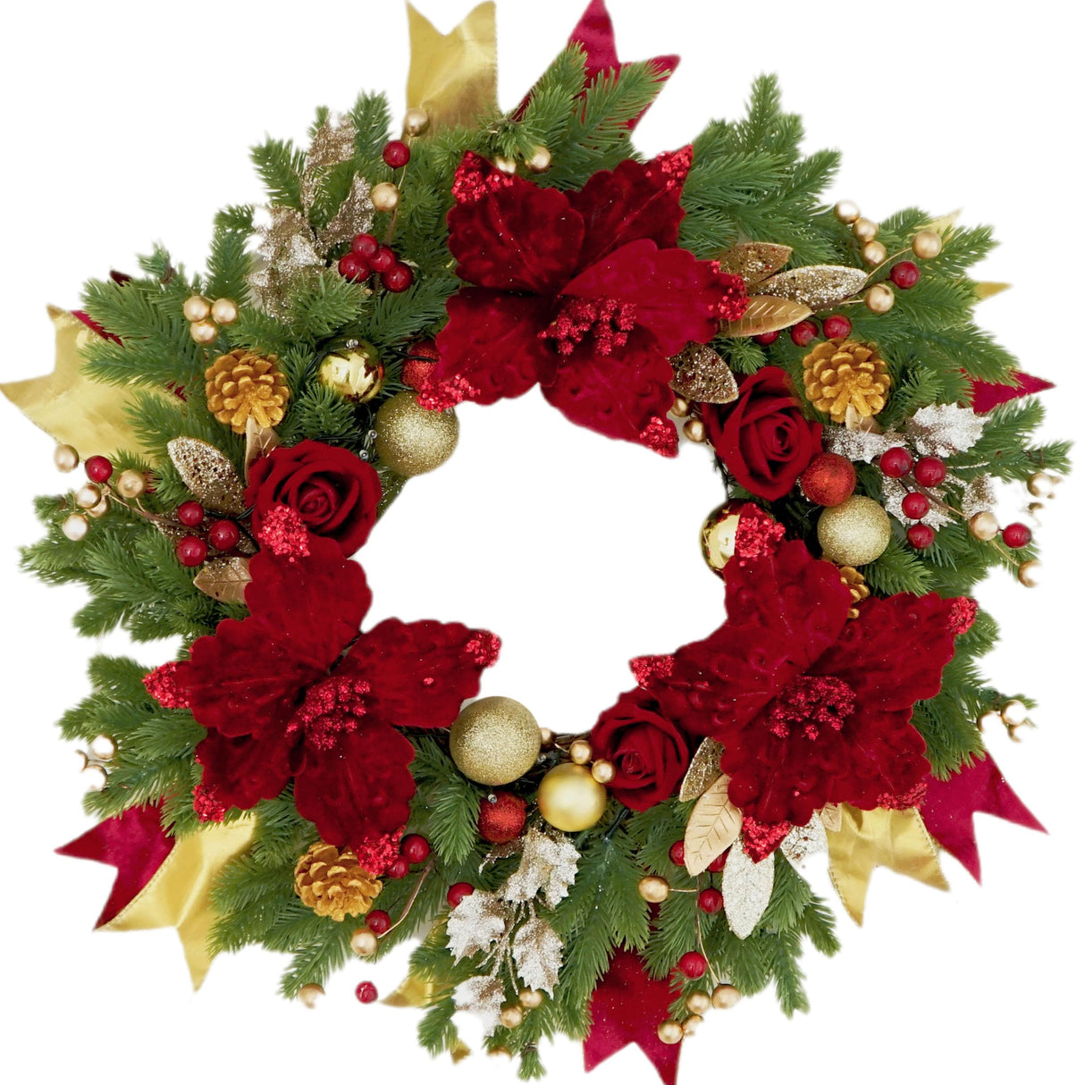 Christmas Wreaths for Front Door, Soomeir Outdoor Winter Wreaths, Large Welcome Wreath with Lights for Holiday Outside Indoors Office Mantle Window (Red Gold) Soomeir