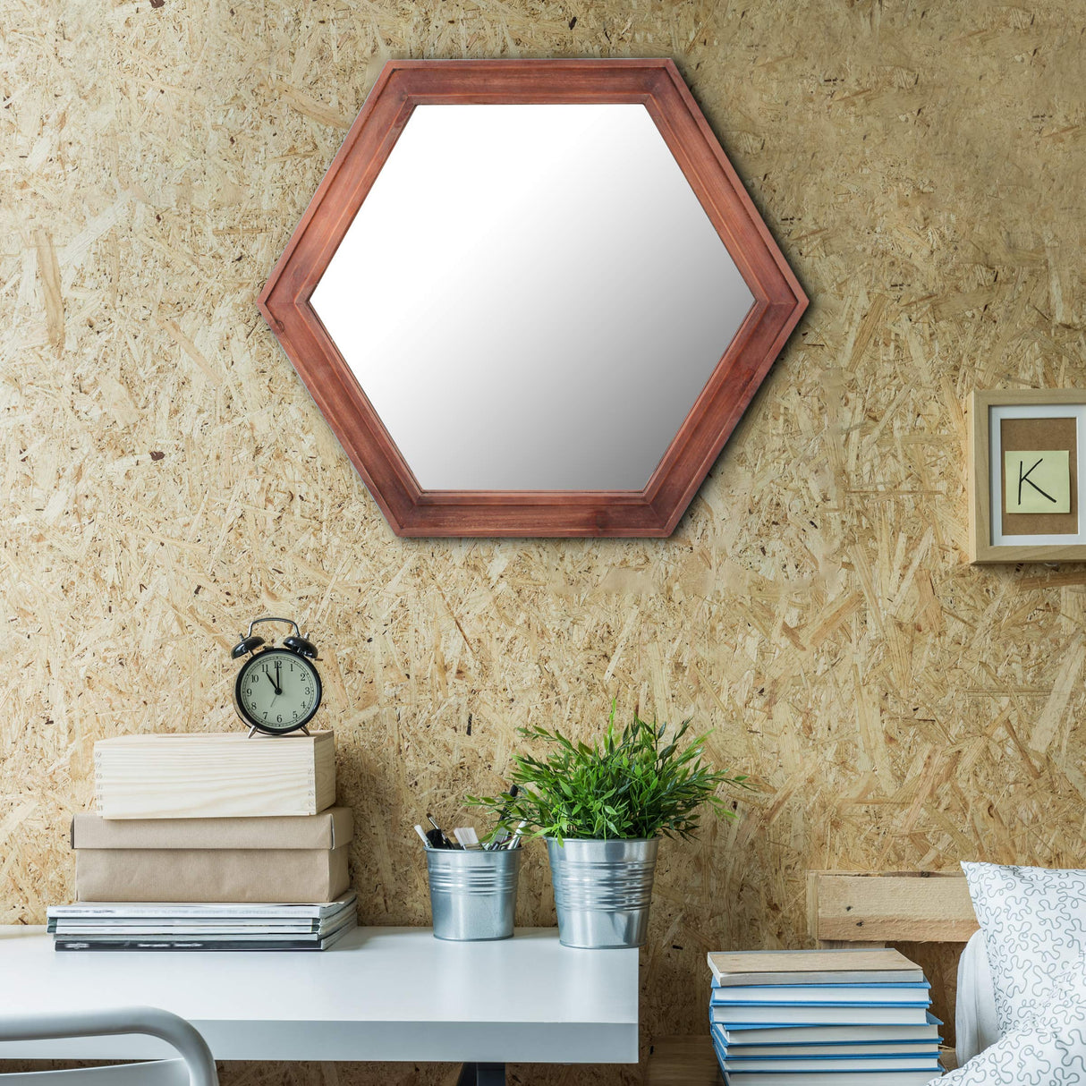 Stonebriar Decorative 24" Hexagon Wall Mirror with Redwood Frame and Attached Hanging Bracket, Decorative Country Rustic Decor for The Living Room, Bedroom, Bathroom, Hallway, and Entryway Stonebriar