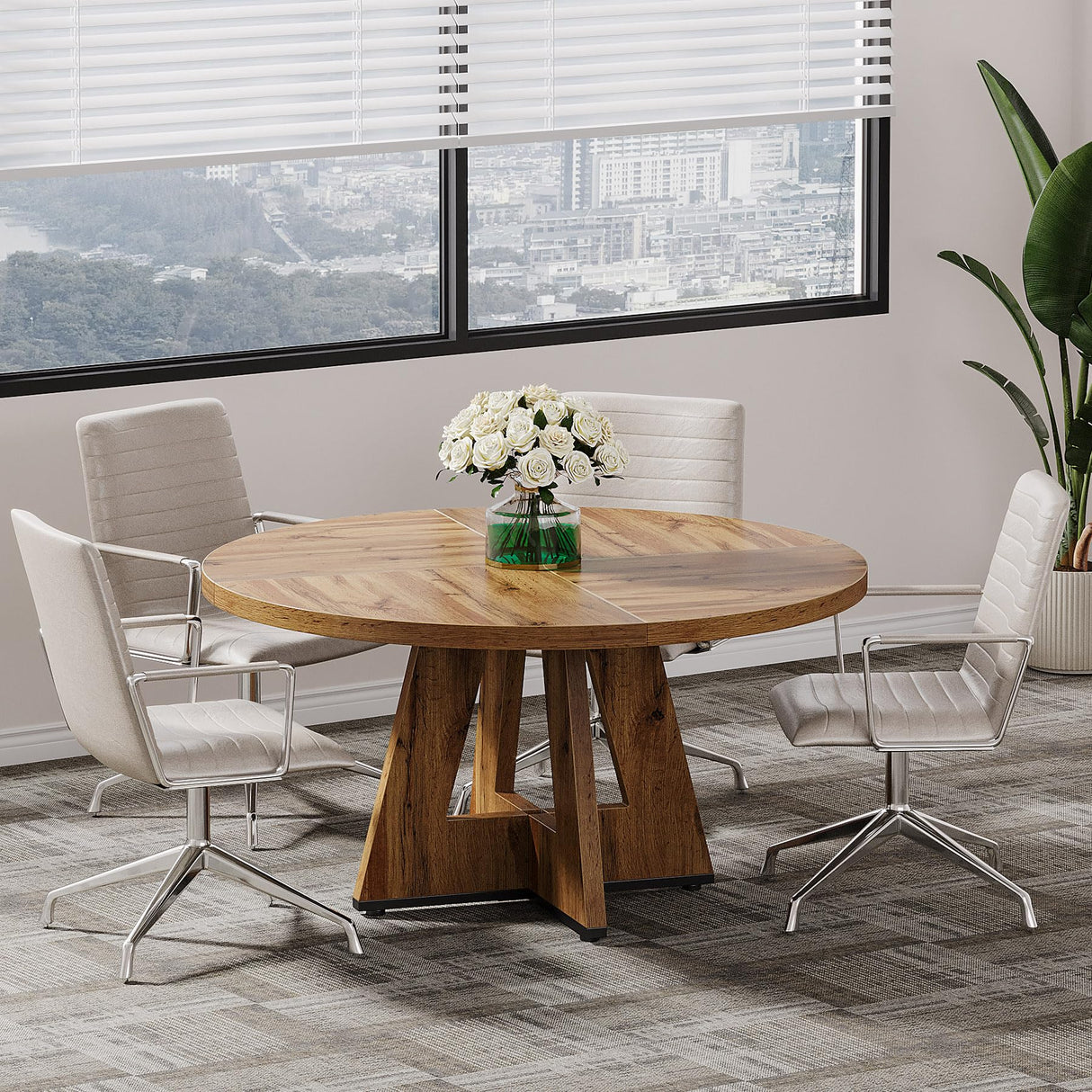 Tribesigns 47-Inch Round Conference Table for 4-6 People, Wooden Meeting Room Table with Thicken Tabletop and Wood Base, Modern Meeting Training Desk for Conference Room Seminar Room (Wood) Tribesigns