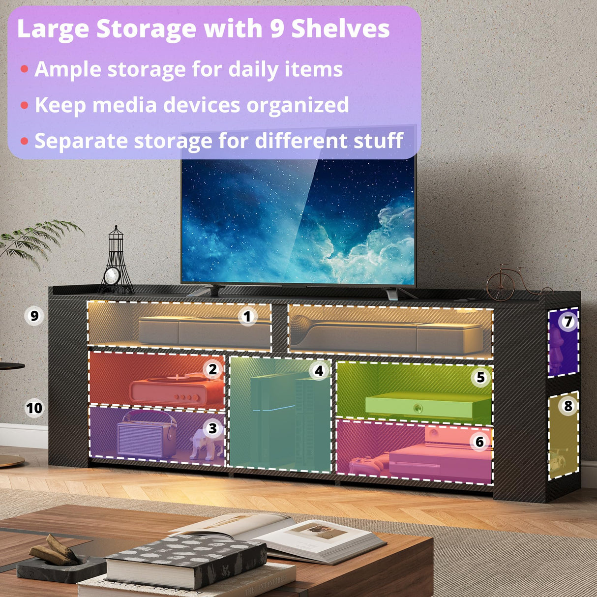 IRONCK Entertainment Center with Storage, 55 Inch Tall TV Stand with Power Outlet, LED Gaming TV Cabinet for PS4, Black TV Stand with Carbon Fiber IRONCK