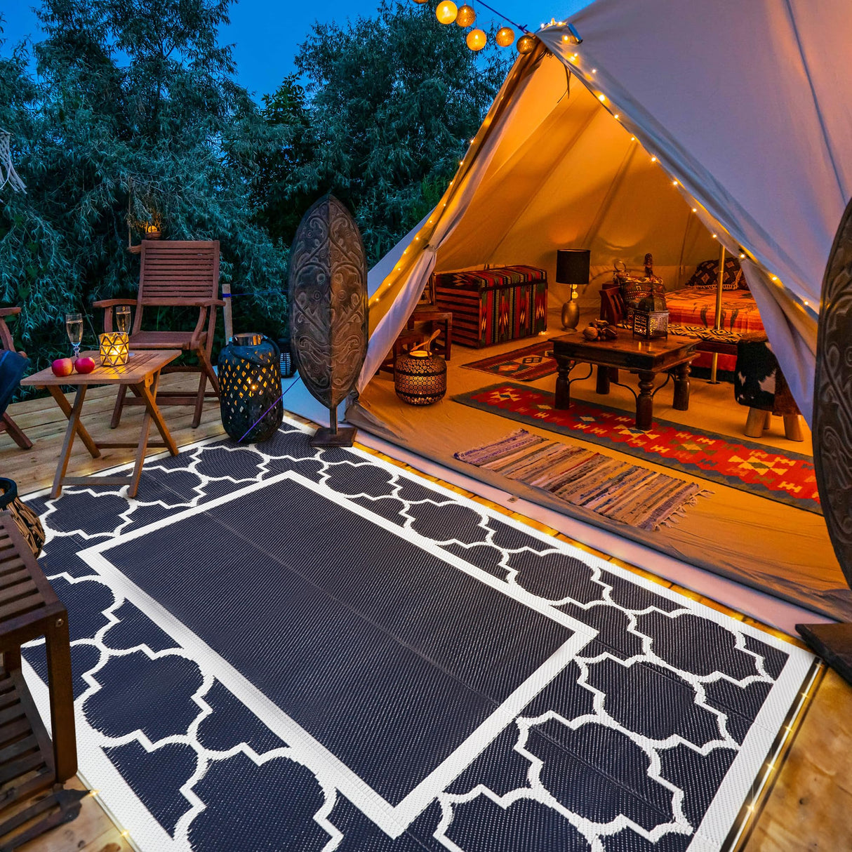 GENIMO 6' x 9' Outdoor Rug Waterproof for Patio Decor, Foldable Reversible Plastic Straw Area Rugs Mat with String Light, Led Carpet for Camper, Rv, Deck, Porch, Picnic, Beach, Balcony, Blue & White GENIMO