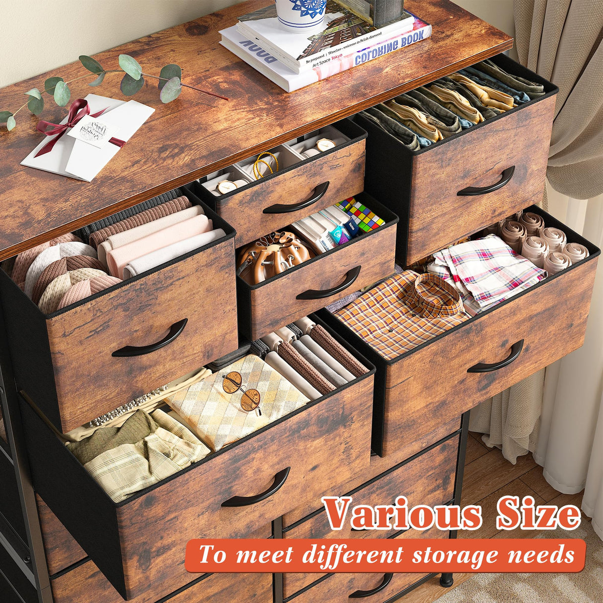 EnHomee 14 Drawer Dresser, Tall Dressers for Bedroom, Large Bedroom Dressers & Chests of Drawers, Sturdy Metal Frame & Wood Top, Easy Assembly, Closet, Living Room, Rustic Brown EnHomee