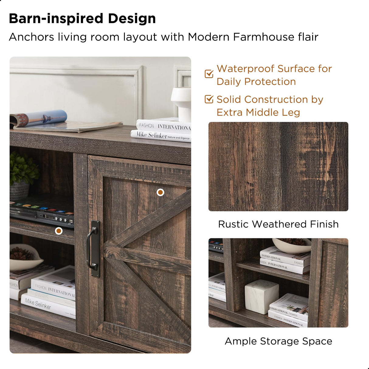 T4TREAM Farmhouse TV Stand for TVs Up to 75 inches, Wood Barn Door Media Television Console Table with Storage Cabinets, Easy Assembly Modern Entertainment Center for Living Room, Dark Rustic Oak T4TREAM