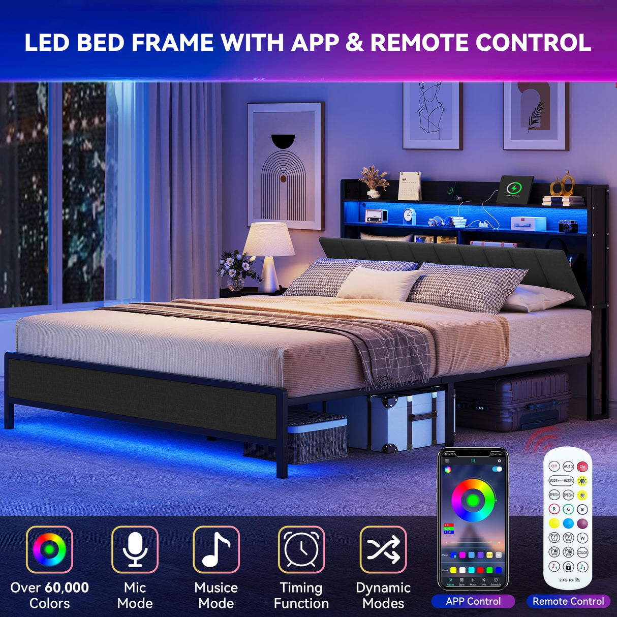 YITAHOME King Size Bed Frame, LED Bed Frame with Storage Headboard, Platform Upholstered Bed with Charging Station, Heavy-Duty Metal Slats, No Box Spring Needed, Fast Assembly - Gray YITAHOME