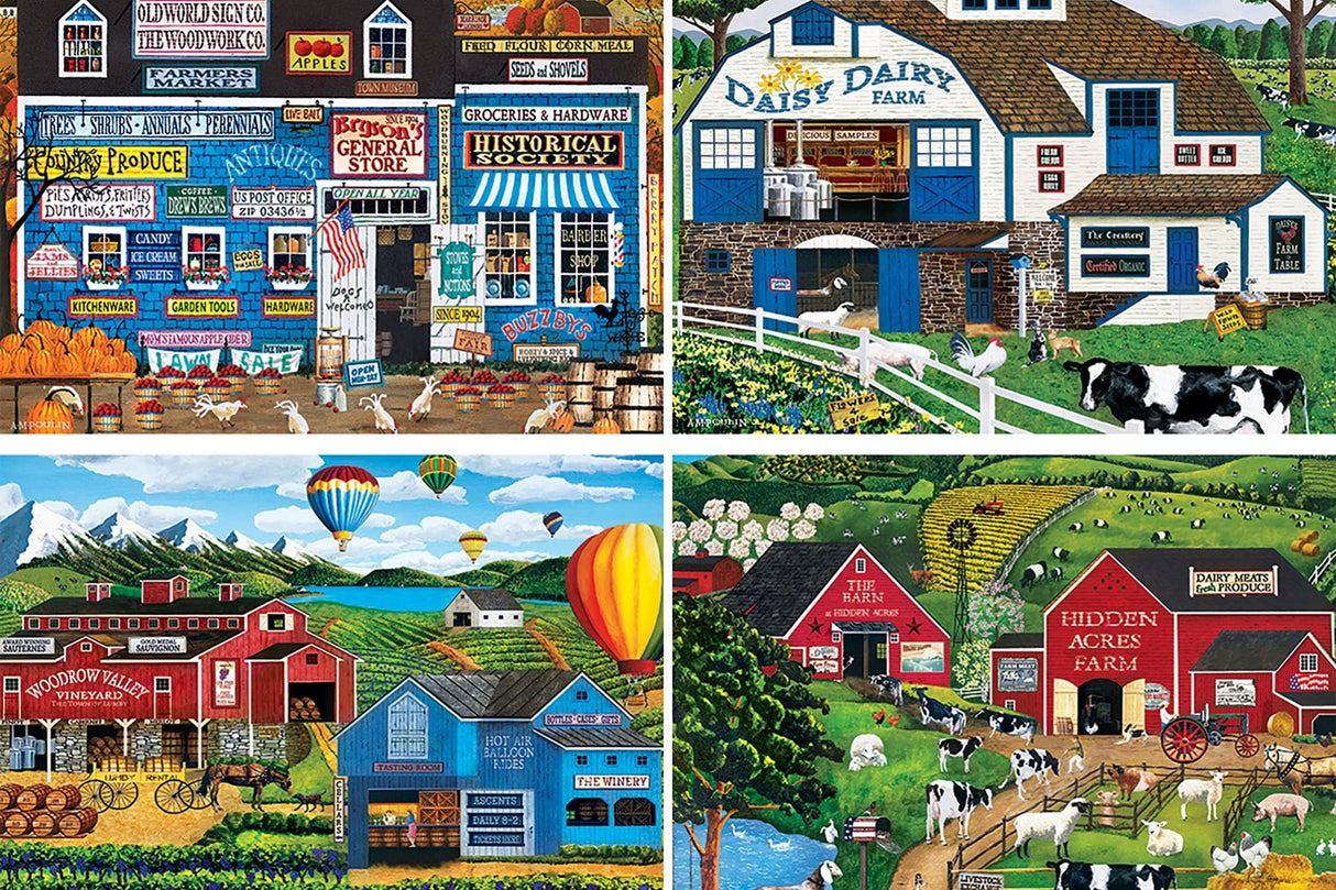 MasterPieces 2000 Piece Jigsaw Puzzle for Adults, Family, Or Youth - Fun Folk Art Am Poulin 4-Pack - 14"x19" Masterpieces