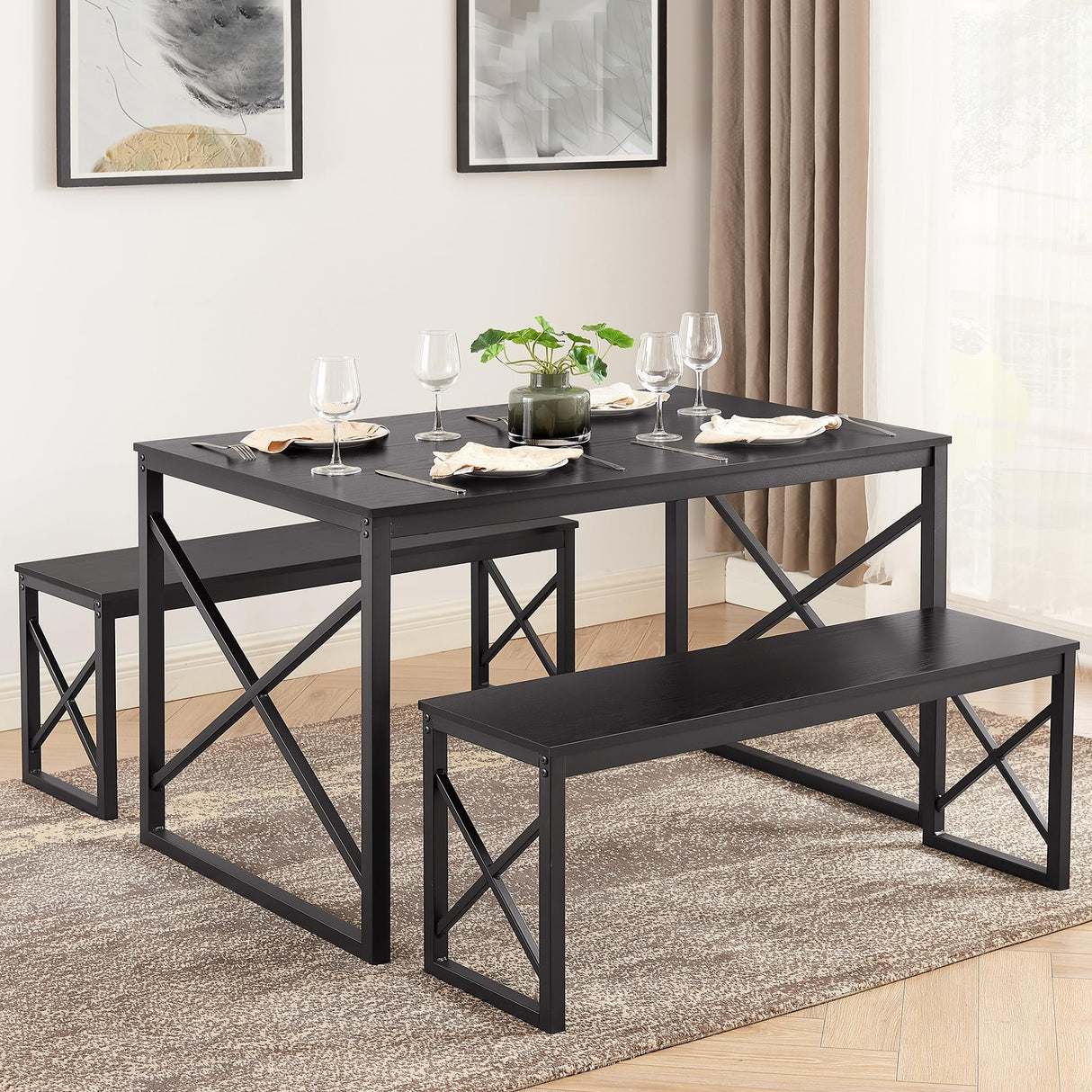 VECELO Kitchen Table with 2 Benches for 4, Wood Dining Room Dinette Sets with Metal Frame for Breakfast Nook and Small Space, Black VECELO