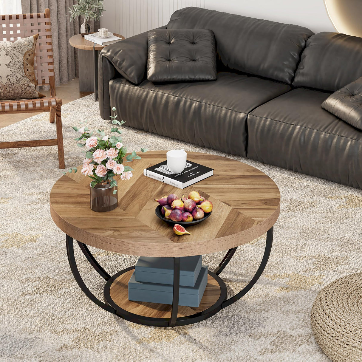 Tribesigns Round Coffee Table, Modern 2-Tier Center Table with Storage Open Shelves, Wooden Circle Coffee Table Sofa Side Table with Metal Legs for Living Room, Wooden Grain and Black Tribesigns
