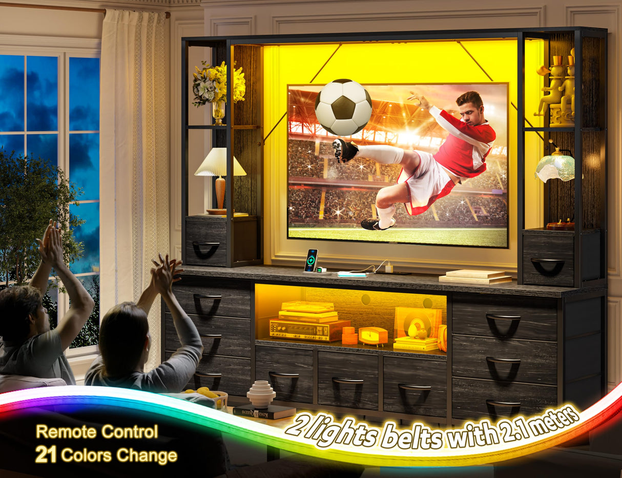 65" TV Stands for Living Room, Large Wall Unit Entertainment Center with 11 Fabric Drawer,Dresser TV Stand with 2 LED Lights & Power Outlets,TV Stand for Bedroom with Storage Shelf,Black EnHomee