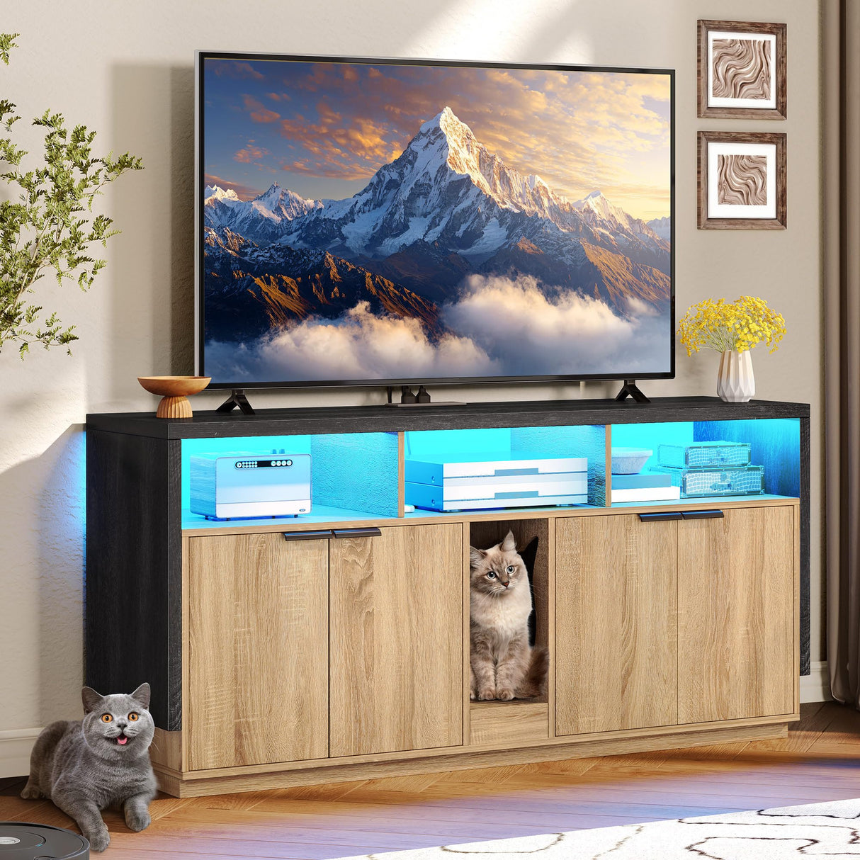 DWVO Cat Litter Box Enclosure for 2 Cats, Litter Box Furniture Hidden with Power Outlet & LED Light, Wooden Cat Cabinet TV Stand Furniture w Double Rooms for Indoor Cats, 59" L x15.7 W x27.5 H, Oak DWVO