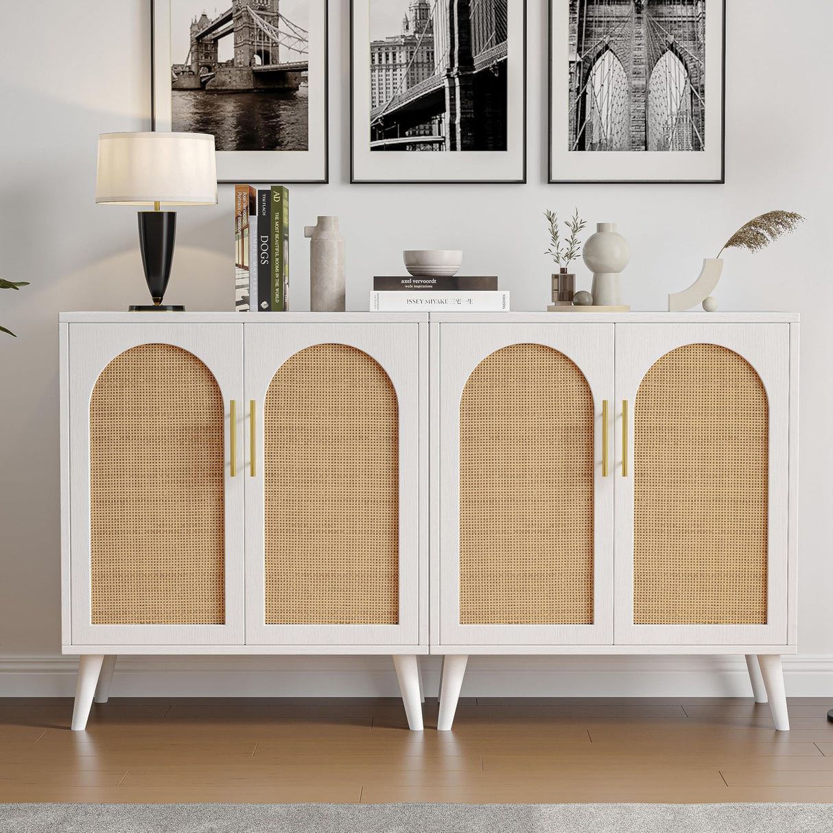 Rovaurx Rattan Storage Cabinet with Doors, Accent Bathroom Floor Cabinet, Modern Sideboard Buffet Cabinet for Living Room, Entryway, Dining Room and Kitchen, White and Natural BMGZ108WM Rovaurx