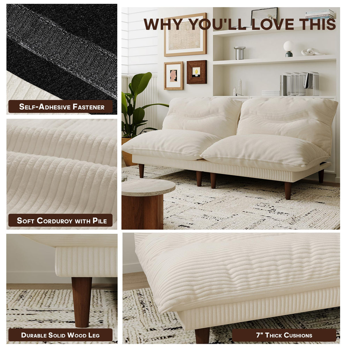 DreamDashio Futon Sofa Bed, 4 in 1 Multi-Functional Futon Couch with Adjustable Backrest, 75 inch Convertible Sleeper Sofa Bed and Recliner Lounge, Corduroy Loveseat for Living Room, Apartment, Beige DreamDashio