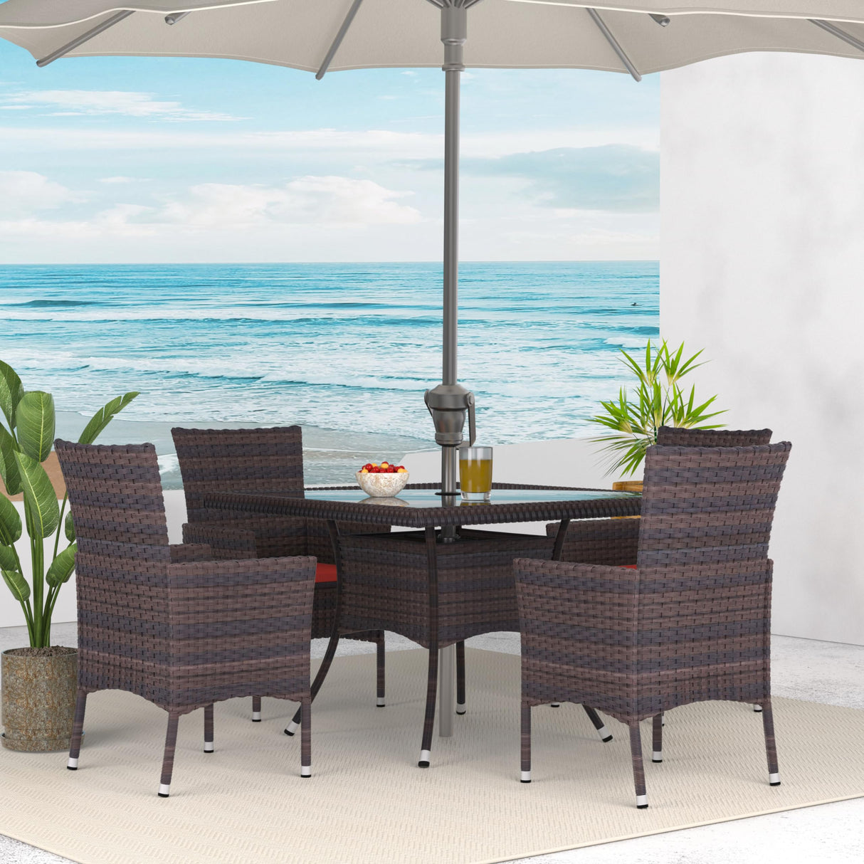 Kurapika 5-Piece Patio Furniture Outdoor Dining Set, Wicker Rattan Patio Dining Table and Chairs Set, Square Tempered Glass Tabletop with Umbrella Hole and 4 Chair Set, Red Kurapika