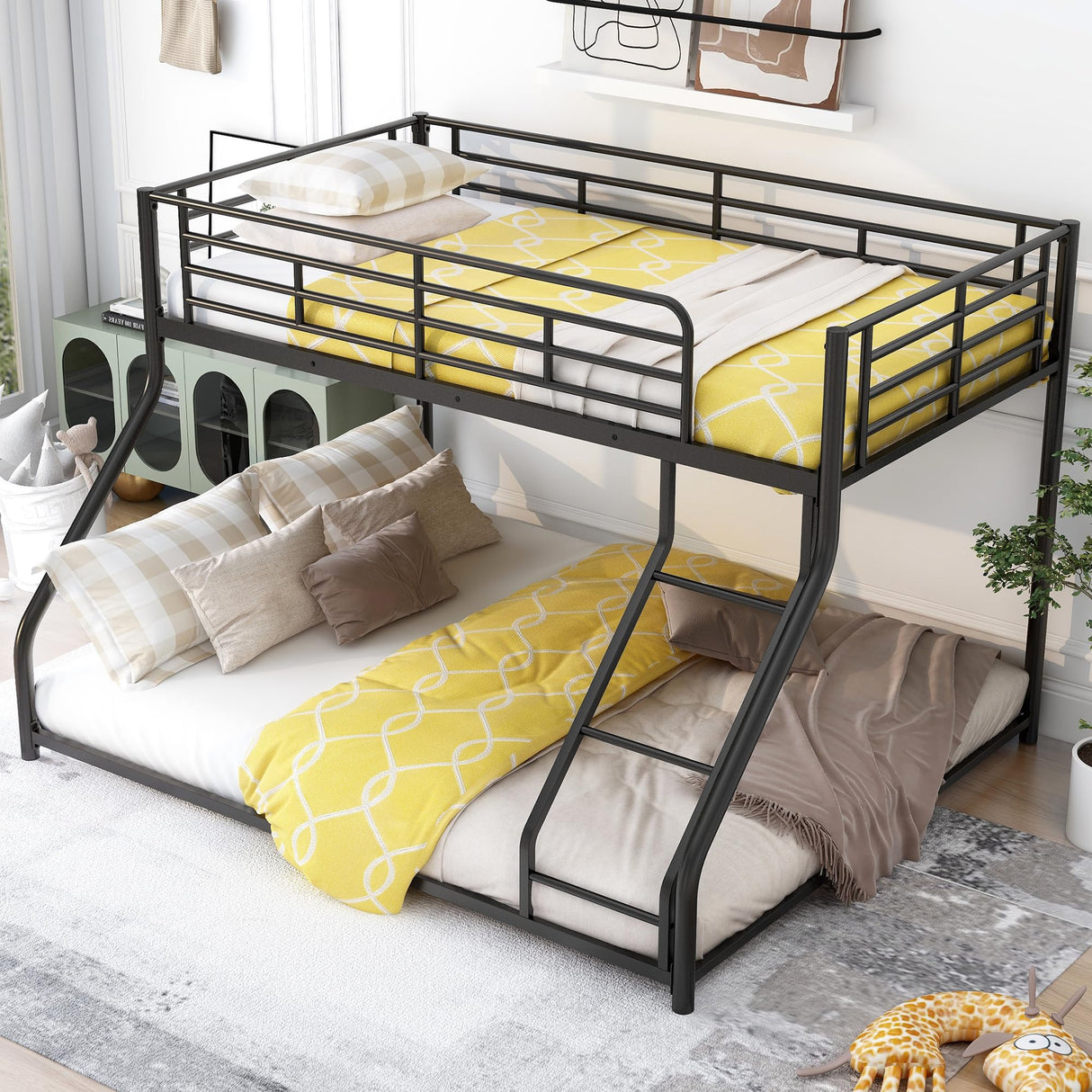 Bellemave Twin Over Queen Bunk Bed, Floor Bunk Bed, Heavy Duty Metal Bunk Bed Frame, Queen bunk Bed for Adults, Adult bunk beds Heavy Duty, Twin XL Bunk Bed, Black Bellemave