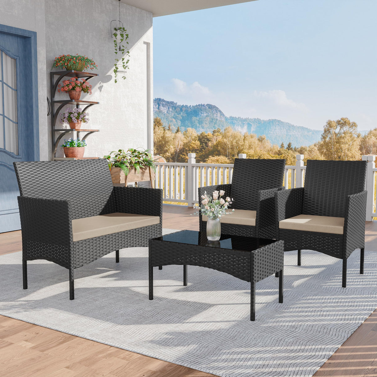 Kurapika Patio Furniture Set 4 Pieces Outdoor Wicker Rattan Chairs Conversation Sets w/Coffee Table, Rocking Bistro Set, for Patio Lawn Backyard (Sand) Kurapika