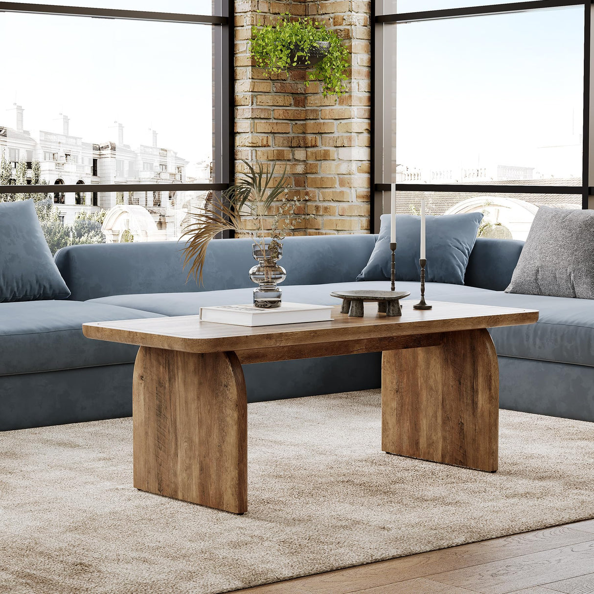 LITTLE TREE Farmhouse Coffee Table, 47 Inches Wooden Center Tables with Rounded Corners, Rectangular Living Room Tables, Modern Low Cocktail Tea Furniture for Living Room (Rustic Brown) LITTLE TREE