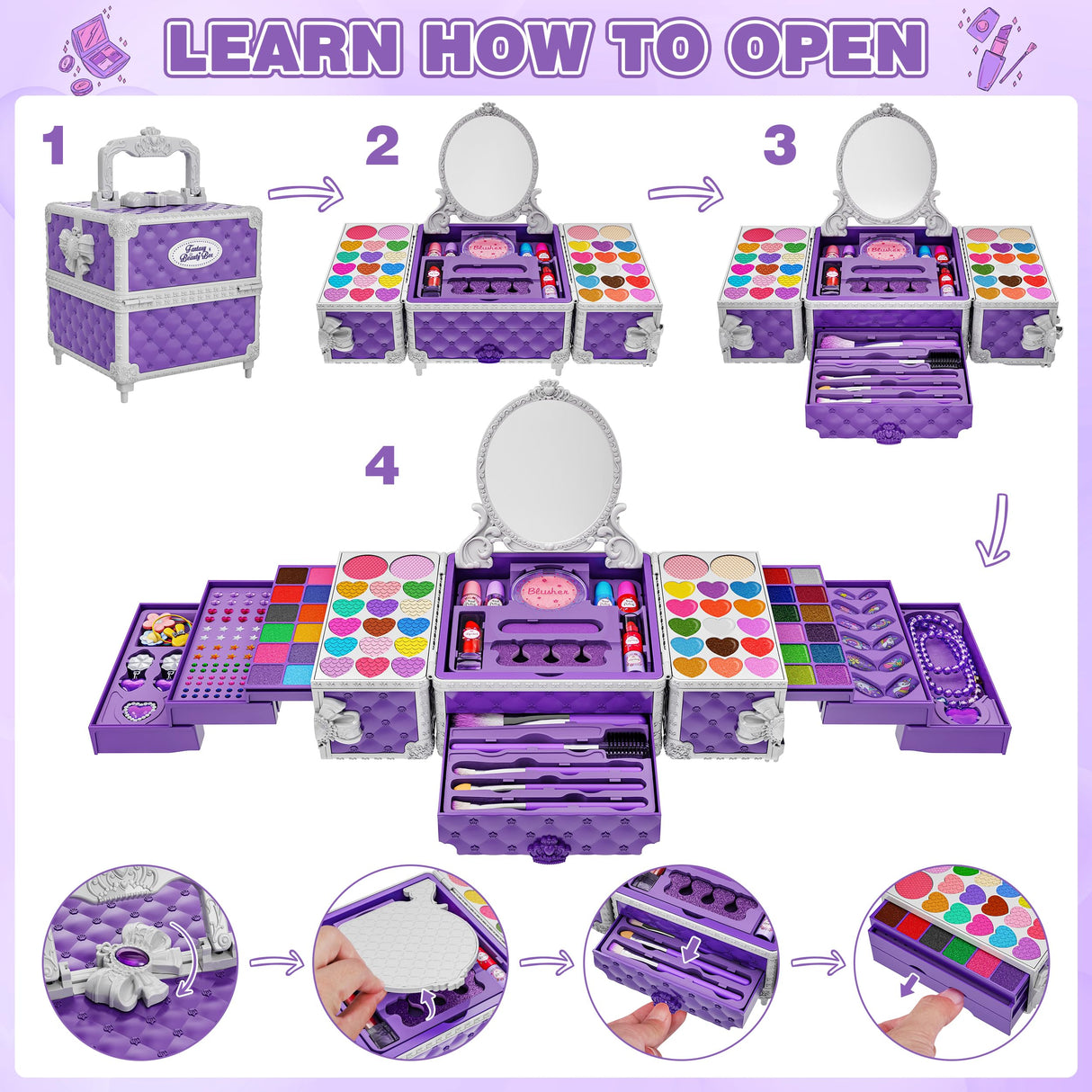 99 Pcs Kids Makeup Kit for Girls, Princess Toys Real Washable Cosmetics Set with Mirror, Hair Ties, Nails, Rings, Earrings, Necklace, Perfect for 3 4 5 6 7 8 Year Old Girls Birthday Kuovei