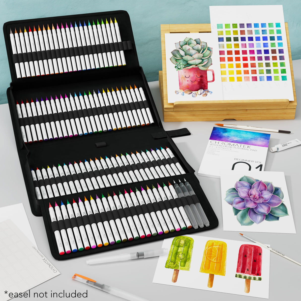 CHROMATEK 108 Watercolor Pens Set | Including 15 Page Pad & Online Video Tutorial Series | 5 Aquapens & 100 Unique Colors | Real Brush Pens | Easily Blendable, Vivid and Smooth CHROMATEK
