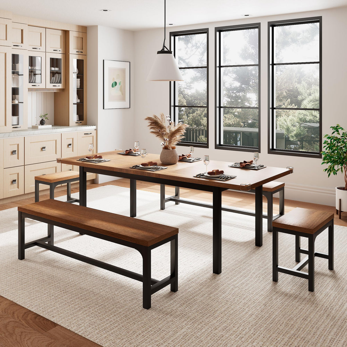 Einhomn 5 Pieces Dining Room Table Set for 4-6, 63" Extendable Kitchen Table Set with 2 Benches & 2 Stools, Small Dining Table Set with Metal Frame & MDF Board, Walnut Einhomn