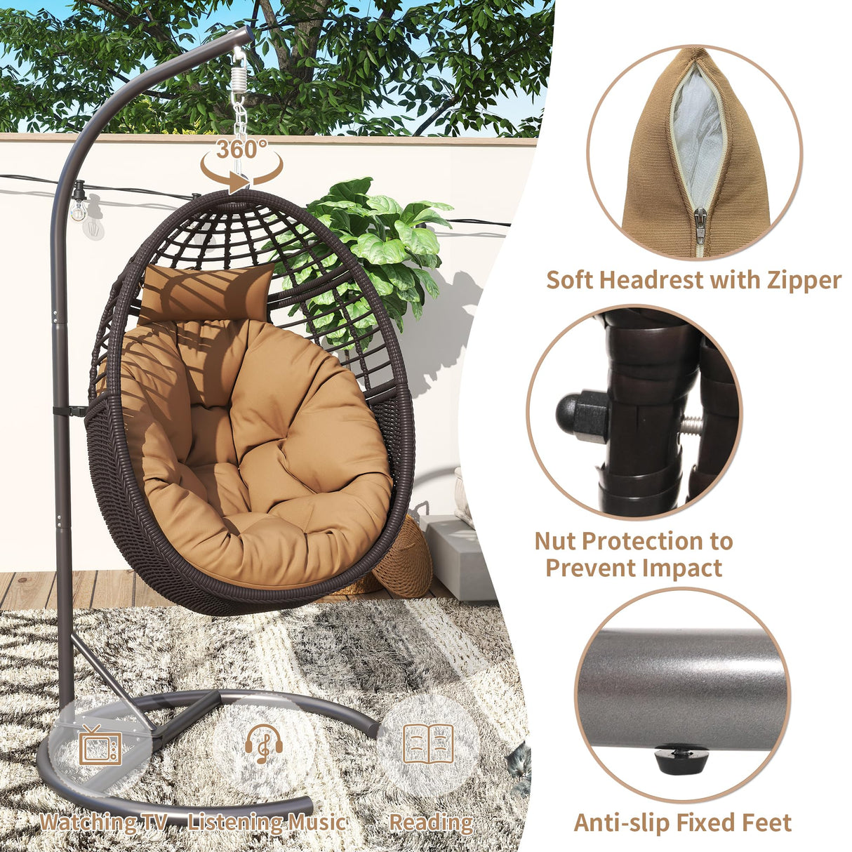 TWT Hanging Egg Chair with Stand, 330lbs Capacity Patio Wicker Egg Swing Chair with UV Resistant Cushion for Bedroom Garden Indoor Outdoor (Dark Brown) TWT