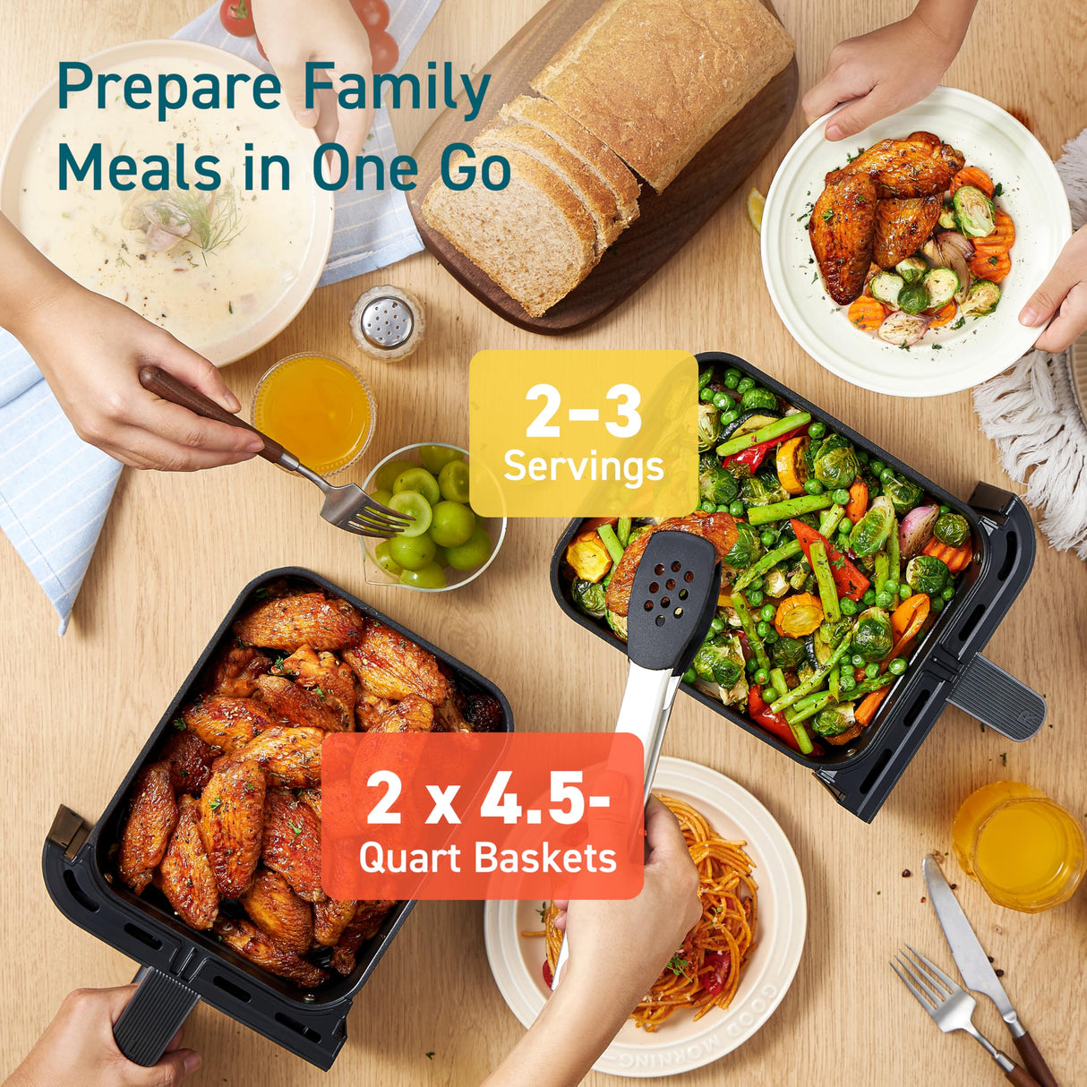 COSORI 9Qt 10-in-1 Dual Air Fryer, Fresh Balanced Meals for Family and Children with Double Baskets, Sync Cook & Finish to Bake, Roast, Reheat, Broil & 130 Recipes for Easy Cooking, Dishwasher Safe COSORI